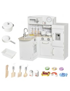 Homcom Kids Wooden Play Kitchen Set with Drinking Fountain, Microwave, Fridge, White