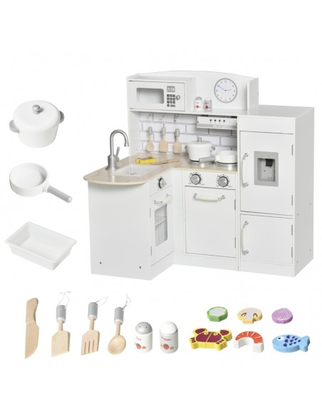 Homcom Kids Wooden Play Kitchen Set with Drinking Fountain, Microwave, Fridge, White - pic 5732 | FastDaddyshop