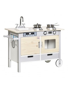 Homcom Kids Wooden Play Kitchen Set with Wheels, Sink, Cooking Bench, Drawers