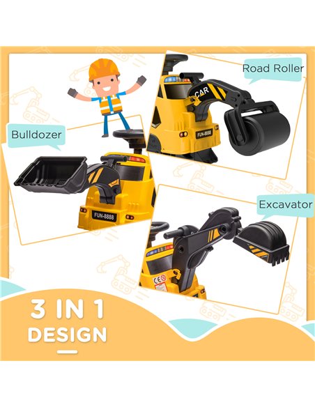 HOMCOM Ride on Tractor, 3 in 1 Ride on Excavator, Bulldozer, Road Roller, Pretend Play Construction No Power Truck w/ Music, for - pic 57359 | FastDaddyshop