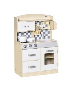 Homcom Kids Wooden Play Kitchen Set, with Sink, Cooking Bench, Pots
