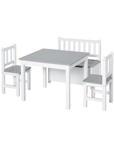 HOMCOM 4-Piece Kids Table Set with 2 Wooden Chairs, 1 Storage Bench, Grey-White 312-001GY