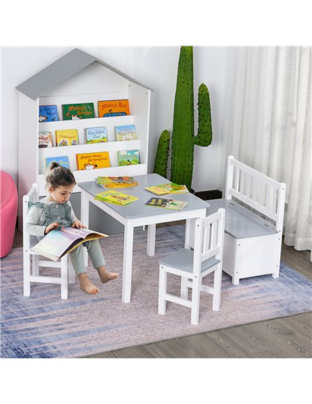 HOMCOM 4-Piece Kids Table Set with 2 Wooden Chairs, 1 Storage Bench, and Interesting Modern Design, Grey/White 312-001GY - pic 57366 | FastDaddyshop
