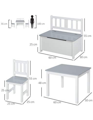 HOMCOM 4-Piece Kids Table Set with 2 Wooden Chairs, 1 Storage Bench, and Interesting Modern Design, Grey/White 312-001GY