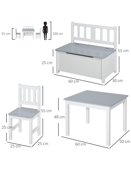 HOMCOM 4-Piece Kids Table Set with 2 Wooden Chairs, 1 Storage Bench, and Interesting Modern Design, Grey/White 312-001GY - pic 57367 | FastDaddyshop