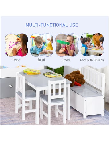 HOMCOM 4-Piece Kids Table Set with 2 Wooden Chairs, 1 Storage Bench, and Interesting Modern Design, Grey/White 312-001GY