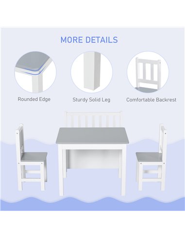 HOMCOM 4-Piece Kids Table Set with 2 Wooden Chairs, 1 Storage Bench, and Interesting Modern Design, Grey/White 312-001GY