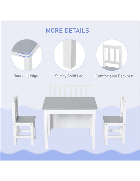 HOMCOM 4-Piece Kids Table Set with 2 Wooden Chairs, 1 Storage Bench, and Interesting Modern Design, Grey/White 312-001GY - pic 57369 | FastDaddyshop