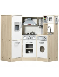 Homcom Kids Wooden Play Corner Kitchen Set with Sound, Light, Phone, Microwave, Refrigerator, Ice Maker