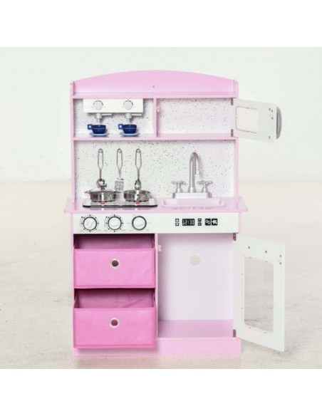 Homcom Kids Wooden Play Kitchen Set with Lights, Sound, Coffee Maker, Microwave, Sink, Utensils Storage Bins, Pink - pic 5738 | FastDaddyshop