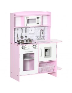 Homcom Kids Wooden Play Kitchen with Lights, Sounds, Water Dispenser, Microwave, Utensils, Sink, Pink