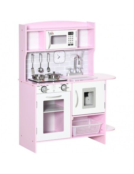 Homcom Kids Wooden Play Kitchen with Lights, Sounds, Water Dispenser, Microwave, Utensils, Sink, Pink - pic 5739 | FastDaddyshop