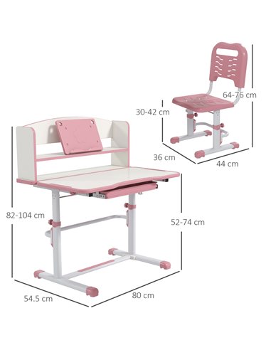 ZONEKIZ Height Adjustable Kids Study Table and Chair Set, with Drawer, Storage Shelf, 80 x 54.5 x 104 cm, Pink 312-106V80PK