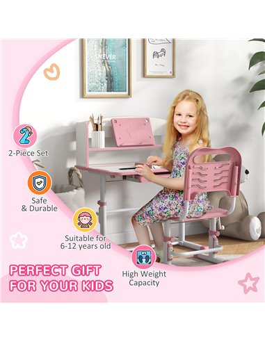 ZONEKIZ Height Adjustable Kids Study Table and Chair Set, with Drawer, Storage Shelf, 80 x 54.5 x 104 cm, Pink 312-106V80PK