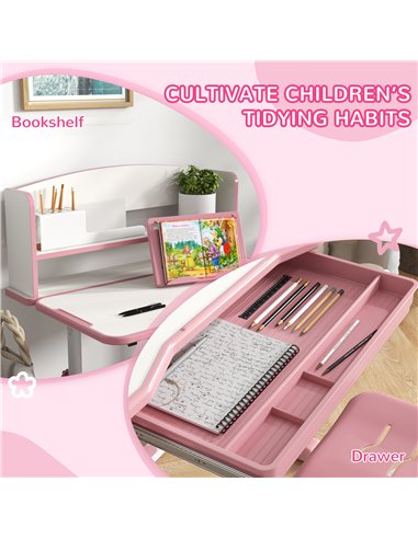 ZONEKIZ Height Adjustable Kids Study Table and Chair Set, with Drawer, Storage Shelf, 80 x 54.5 x 104 cm, Pink 312-106V80PK