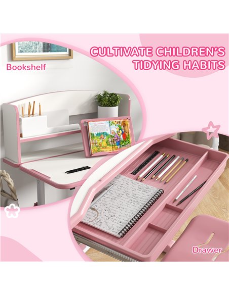 ZONEKIZ Height Adjustable Kids Study Table and Chair Set, with Drawer, Storage Shelf, 80 x 54.5 x 104 cm, Pink 312-106V80PK - pic 57405 | FastDaddyshop