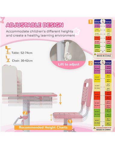 ZONEKIZ Height Adjustable Kids Study Table and Chair Set, with Drawer, Storage Shelf, 80 x 54.5 x 104 cm, Pink 312-106V80PK