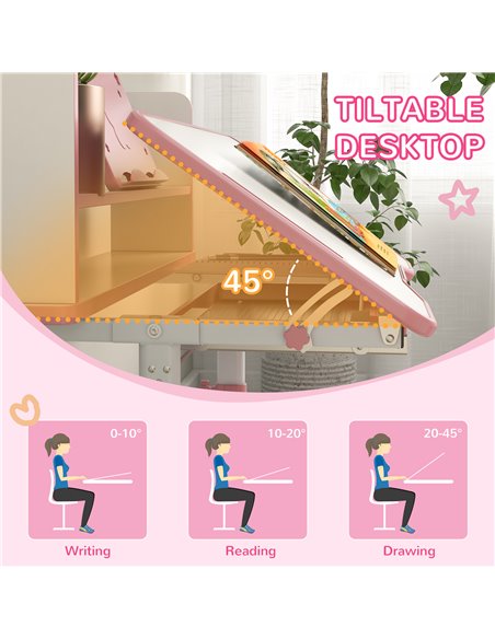 ZONEKIZ Height Adjustable Kids Study Table and Chair Set, with Drawer, Storage Shelf, 80 x 54.5 x 104 cm, Pink 312-106V80PK - pic 57407 | FastDaddyshop