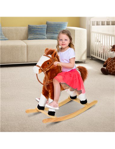 HOMCOM Children Child Kids Plush Rocking Horse with Sound Handle Grip Traditional Toy Fun Gift Brown