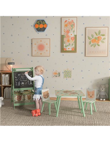 ZONEKIZ Kids Table and Chair Set and Kids Easel with Paper Roll, Storage Baskets, Kids Activity Furniture Set, Green 312-P017