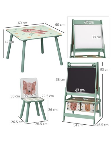 ZONEKIZ Kids Table and Chair Set and Kids Easel with Paper Roll, Storage Baskets, Kids Activity Furniture Set, Green 312-P017