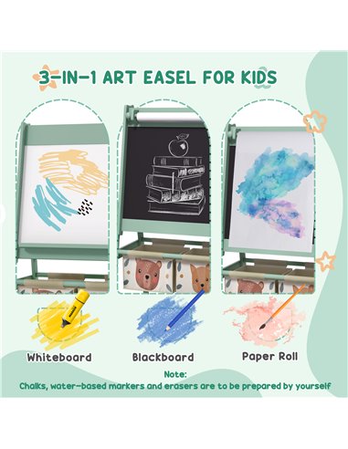 ZONEKIZ Kids Table and Chair Set and Kids Easel with Paper Roll, Storage Baskets, Kids Activity Furniture Set, Green 312-P017