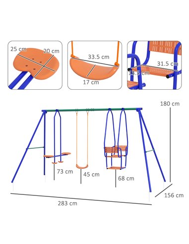 Outsunny 3 in 1 Metal Kids Swing Set with Swing Glider Rocking Chair Orange 344-077V00OG
