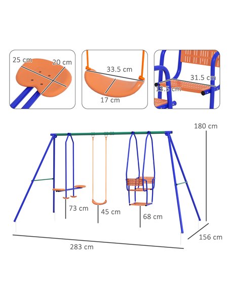 Outsunny 3 in 1 Metal Kids Swing Set with Swing Glider Rocking Chair Orange 344-077V00OG - pic 57430 | FastDaddyshop