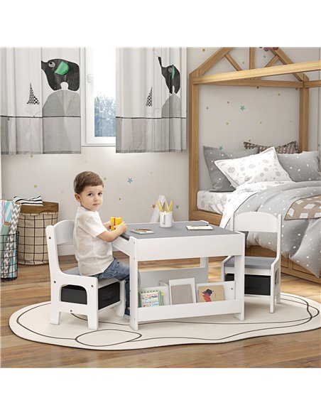 HOMCOM 3PCs Kids Table and Chair Set with Blackboard, Storage, Bookshelves, Grey 312-111V80GY - pic 57438 | FastDaddyshop