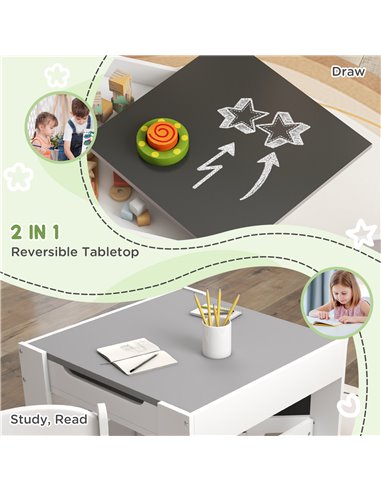 HOMCOM 3PCs Kids Table and Chair Set with Blackboard, Storage, Bookshelves, Grey 312-111V80GY