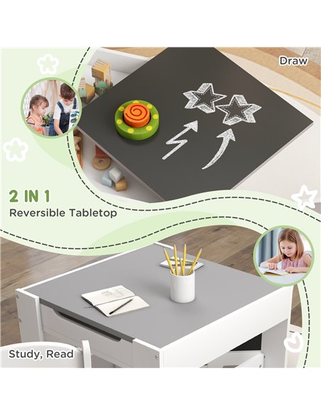 HOMCOM 3PCs Kids Table and Chair Set with Blackboard, Storage, Bookshelves, Grey 312-111V80GY - pic 57440 | FastDaddyshop
