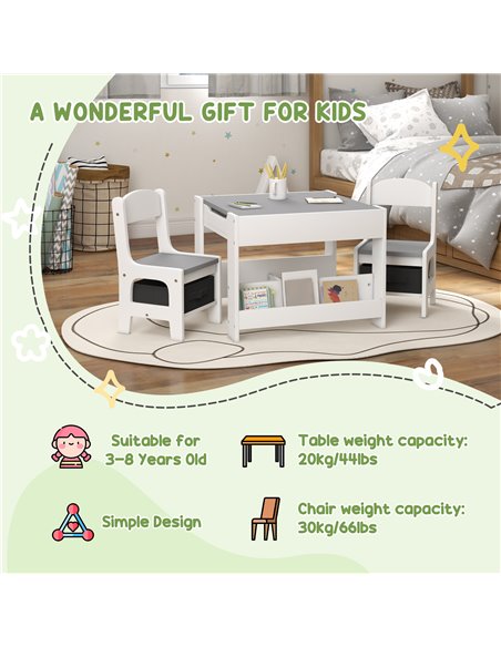 HOMCOM 3PCs Kids Table and Chair Set with Blackboard, Storage, Bookshelves, Grey 312-111V80GY - pic 57441 | FastDaddyshop