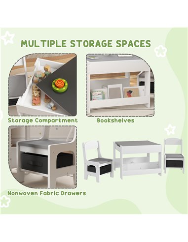 HOMCOM 3PCs Kids Table and Chair Set with Blackboard, Storage, Bookshelves, Grey 312-111V80GY