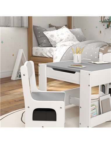 HOMCOM 3PCs Kids Table and Chair Set with Blackboard, Storage, Bookshelves, Grey 312-111V80GY