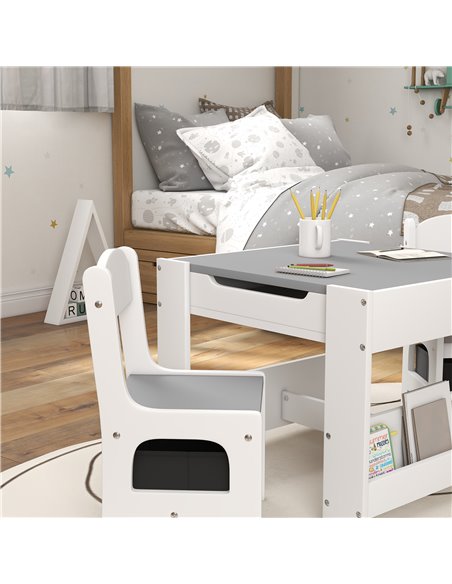 HOMCOM 3PCs Kids Table and Chair Set with Blackboard, Storage, Bookshelves, Grey 312-111V80GY - pic 57444 | FastDaddyshop
