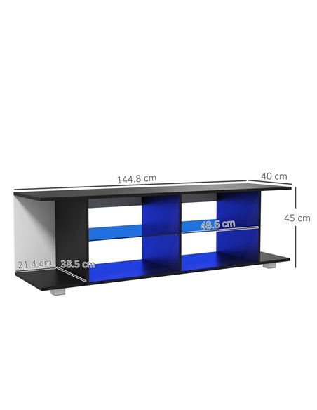 HOMCOM TV Stand, 145cm Modern TV Unit with Glass Shelves, RGB LED Light for 32 40 43 50 52 55 60 inch 4k TV, Black 839-715V70BK - pic 57448 | FastDaddyshop