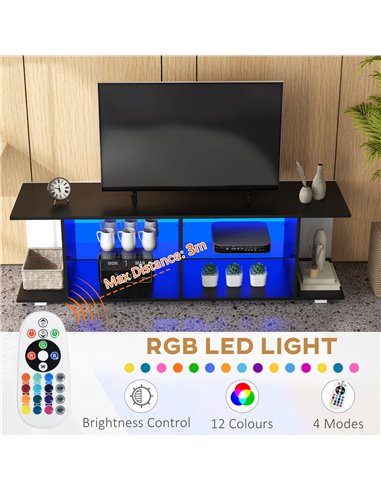 HOMCOM TV Stand, 145cm Modern TV Unit with Glass Shelves, RGB LED Light for 32 40 43 50 52 55 60 inch 4k TV, Black 839-715V70BK