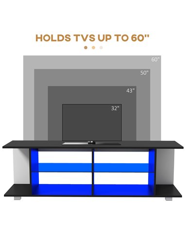HOMCOM TV Stand, 145cm Modern TV Unit with Glass Shelves, RGB LED Light for 32 40 43 50 52 55 60 inch 4k TV, Black 839-715V70BK