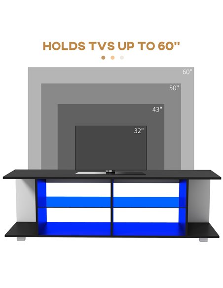 HOMCOM TV Stand, 145cm Modern TV Unit with Glass Shelves, RGB LED Light for 32 40 43 50 52 55 60 inch 4k TV, Black 839-715V70BK - pic 57450 | FastDaddyshop