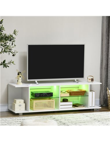 HOMCOM TV Stand, 145cm Modern TV Unit with Glass Shelves, RGB LED Light for 32 40 43 50 52 55 60 inch 4k TV, White 839-715V70WT