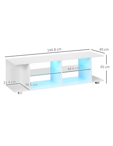 HOMCOM TV Stand, 145cm Modern TV Unit with Glass Shelves, RGB LED Light for 32 40 43 50 52 55 60 inch 4k TV, White 839-715V70WT
