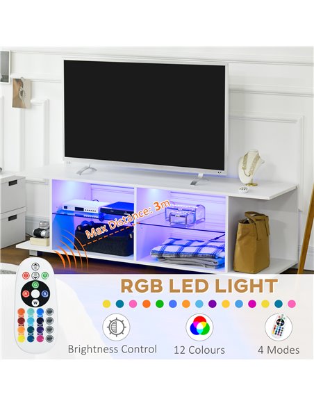 HOMCOM TV Stand, 145cm Modern TV Unit with Glass Shelves, RGB LED Light for 32 40 43 50 52 55 60 inch 4k TV, White 839-715V70WT - pic 57458 | FastDaddyshop