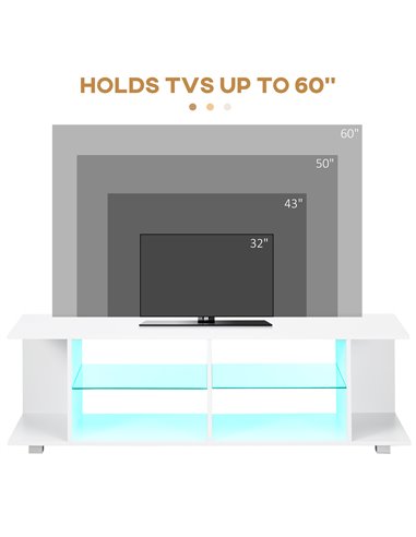 HOMCOM TV Stand, 145cm Modern TV Unit with Glass Shelves, RGB LED Light for 32 40 43 50 52 55 60 inch 4k TV, White 839-715V70WT