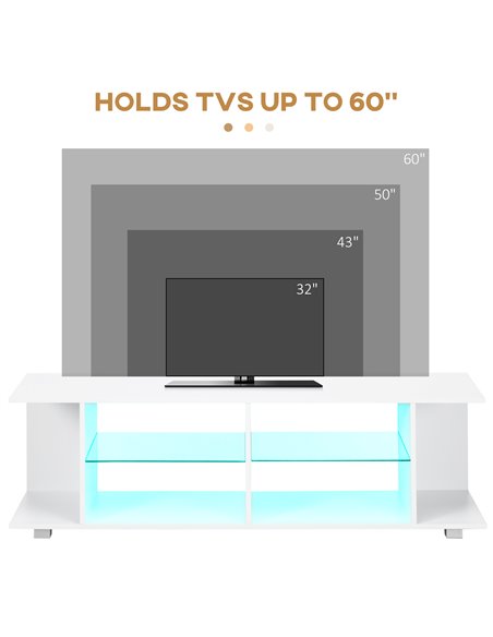 HOMCOM TV Stand, 145cm Modern TV Unit with Glass Shelves, RGB LED Light for 32 40 43 50 52 55 60 inch 4k TV, White 839-715V70WT - pic 57459 | FastDaddyshop