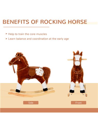 HOMCOM Children Child Kids Plush Rocking Horse with Sound Handle Grip Traditional Toy Fun Gift Brown