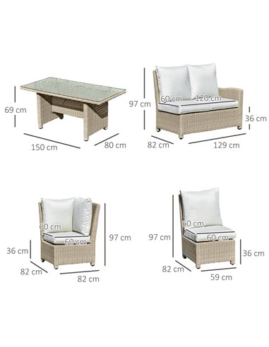 Outsunny 6-Seater Reclining PE Rattan Garden Dining Set Patio Furniture w/Sofa Chairs Glass Table Cushions Adjustable Feet Styli