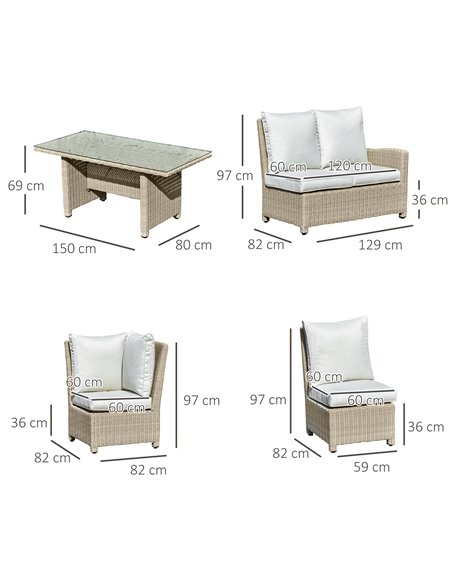 Outsunny 6-Seater Reclining PE Rattan Garden Dining Set Patio Furniture w/Sofa Chairs Glass Table Cushions Adjustable Feet Styli - pic 57538 | FastDaddyshop