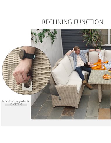 Outsunny 6-Seater Reclining PE Rattan Garden Dining Set Patio Furniture w/Sofa Chairs Glass Table Cushions Adjustable Feet Styli