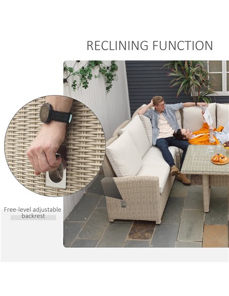 Outsunny 6-Seater Reclining PE Rattan Garden Dining Set Patio Furniture w/Sofa Chairs Glass Table Cushions Adjustable Feet Styli - pic 57543 | FastDaddyshop