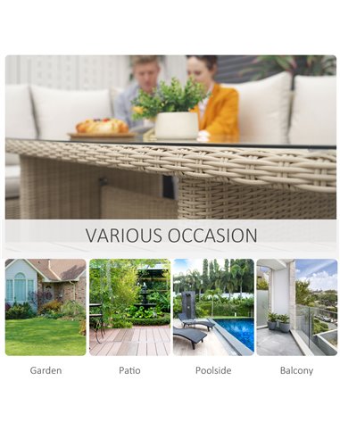 Outsunny 6-Seater Reclining PE Rattan Garden Dining Set Patio Furniture w/Sofa Chairs Glass Table Cushions Adjustable Feet Styli
